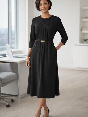 NWT Talbots midi dress 18 black pleats belt corporate girlie luxury capsule